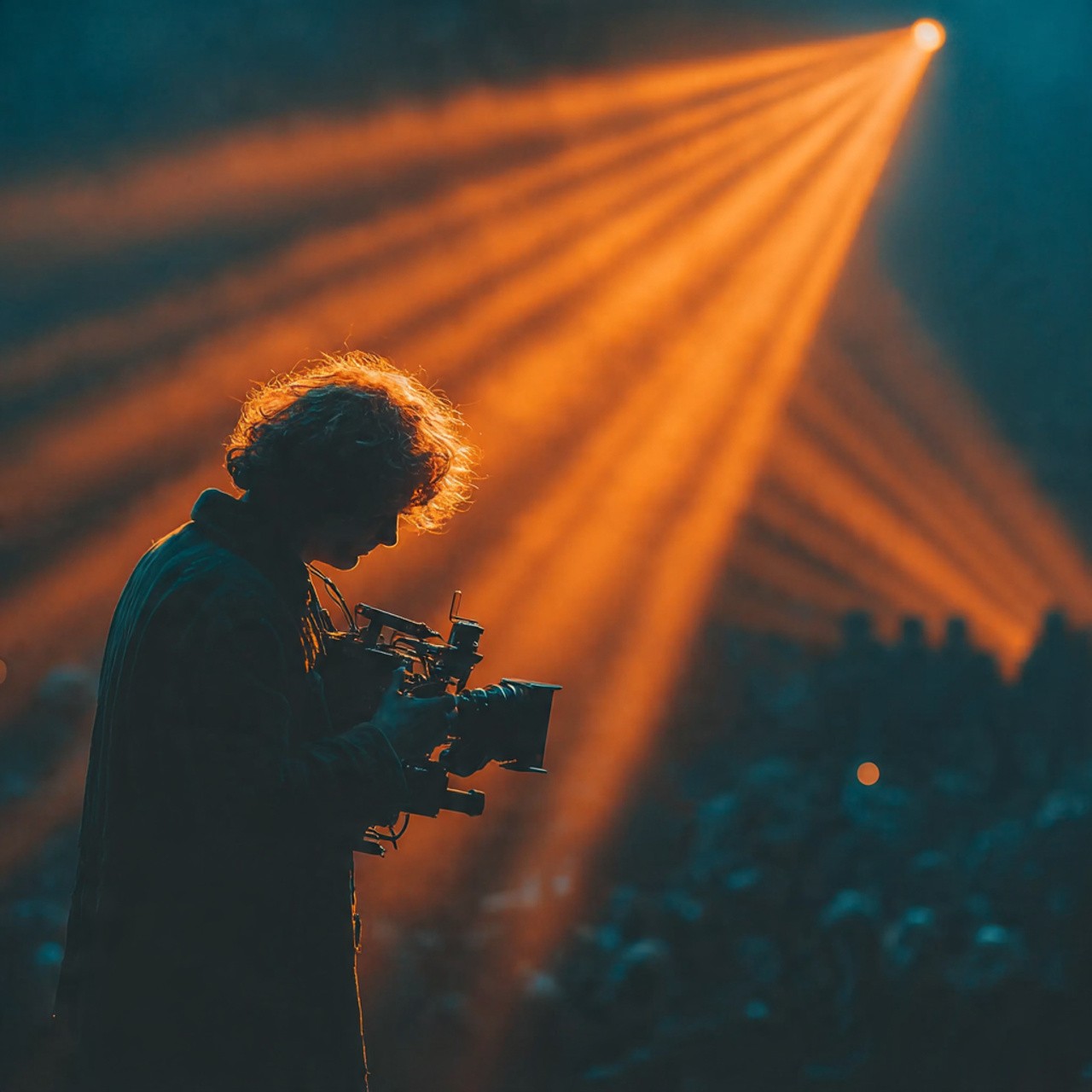 A person holding a camera is silhouetted against vivid orange stage lights. The scene conveys focus and creativity with a dramatic, moody atmosphere.