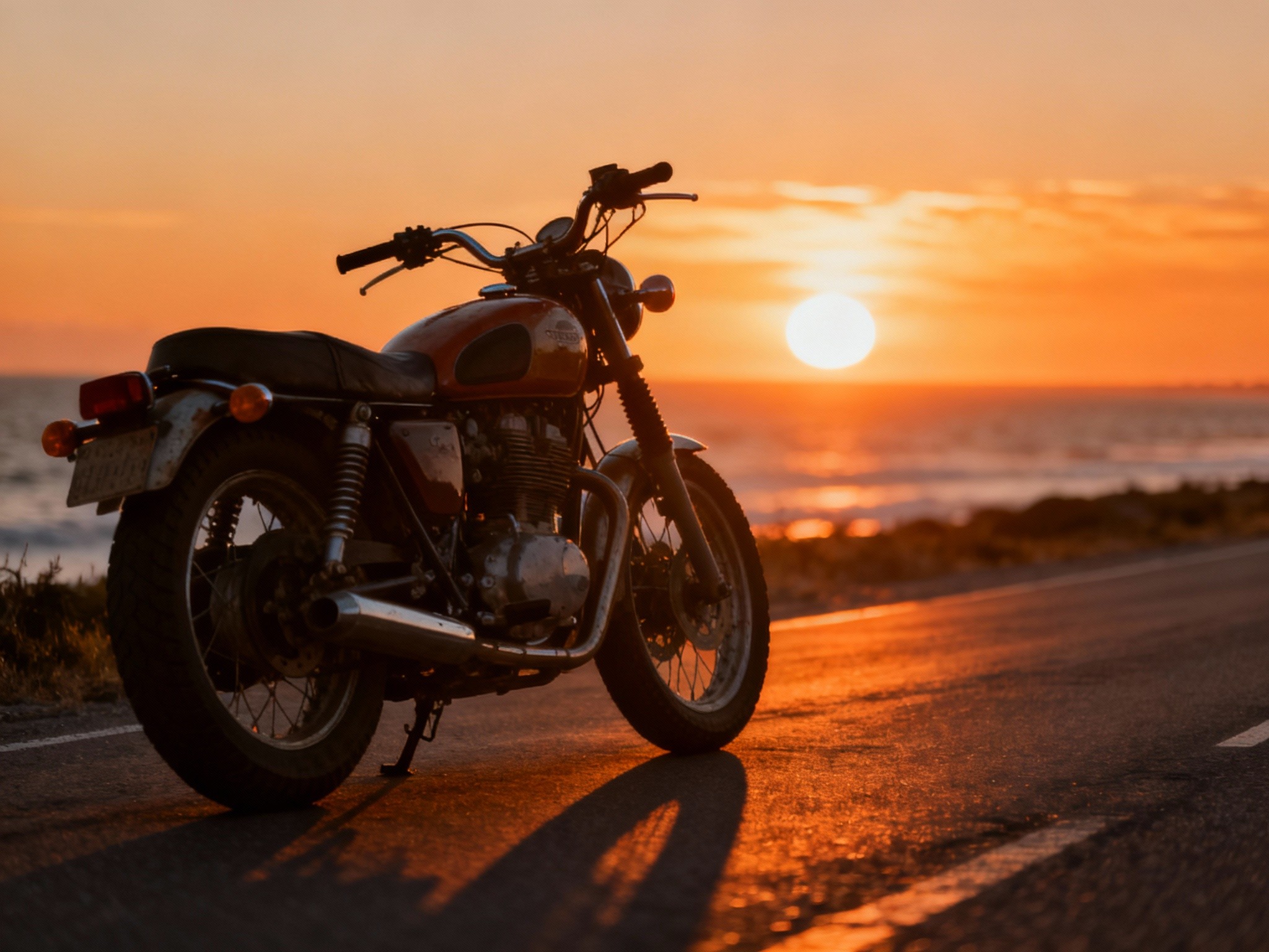 An expansive shot of a vintage motorcycle parked on a deserted coastal road at sunset, photographed