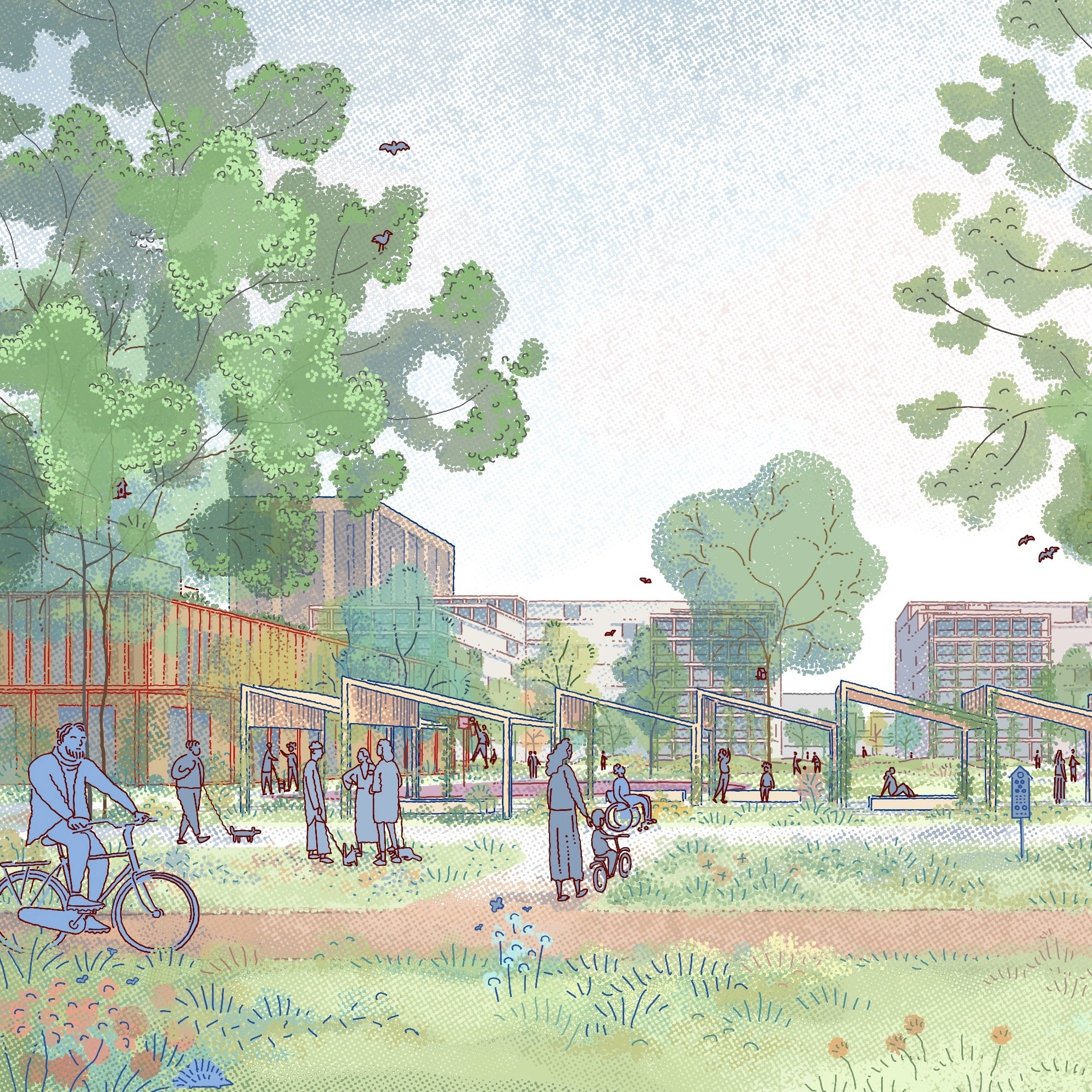 A colorful aerial view of a park layout featuring various geometric flower beds and walking paths near water.