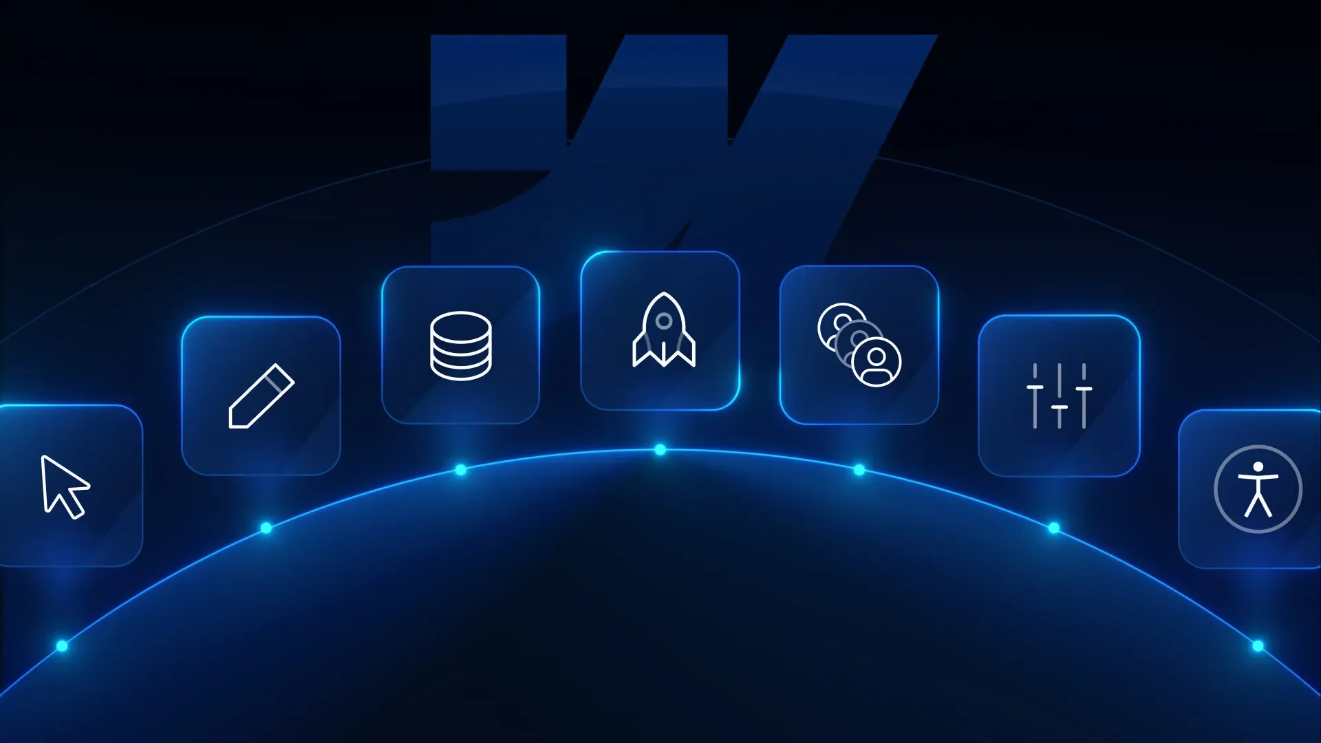 Glowing blue interface icons arranged along an arc, like the building blocks of a design system