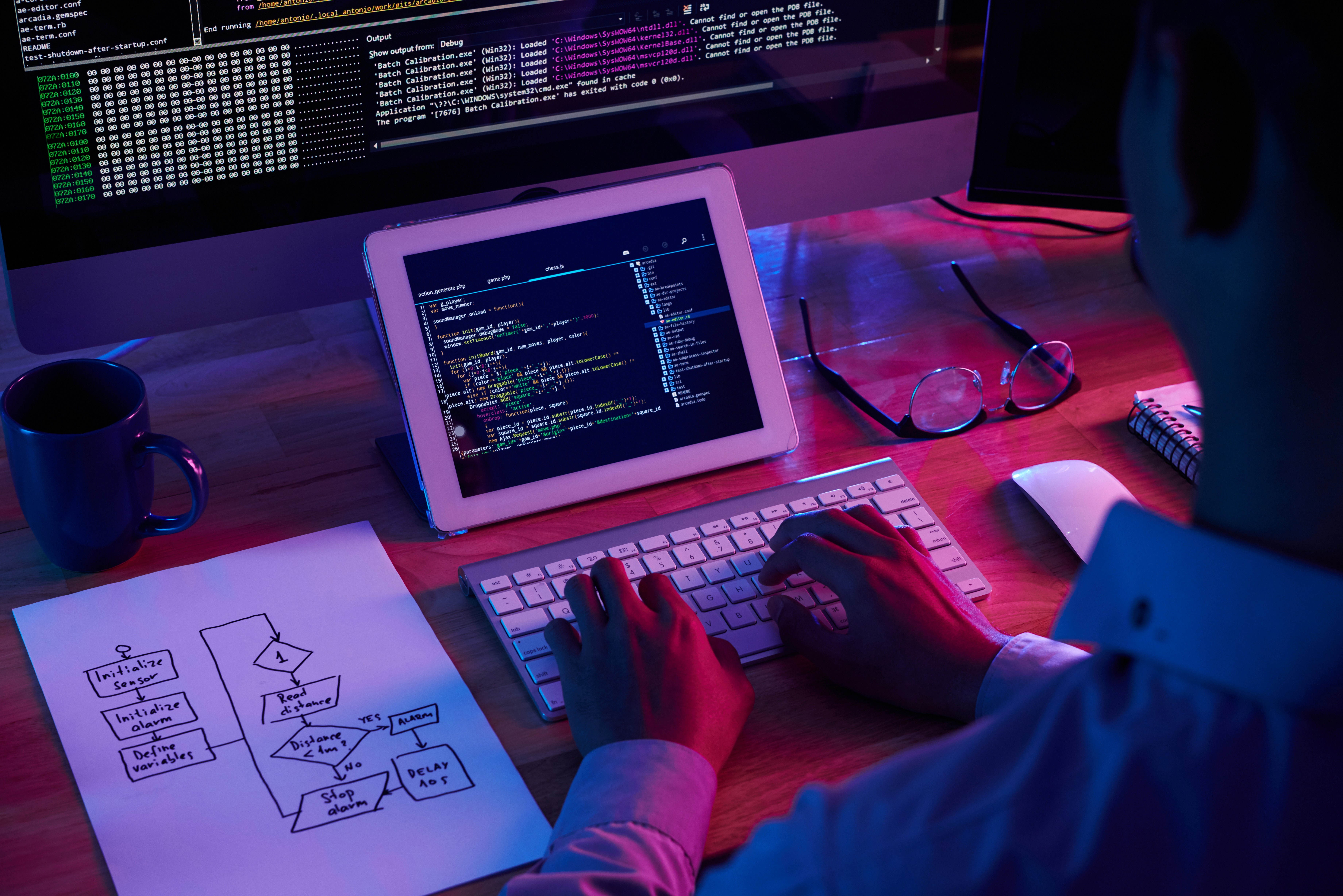 A futuristic robotic hand holding a smartphone with a UX interface icon glowing on the screen, overlooking a modern digital cityscape. The purple-blue palette represents Figzol’s brand colors, symbolizing innovation, user experience excellence, and next-gen app design in the Gulf region.