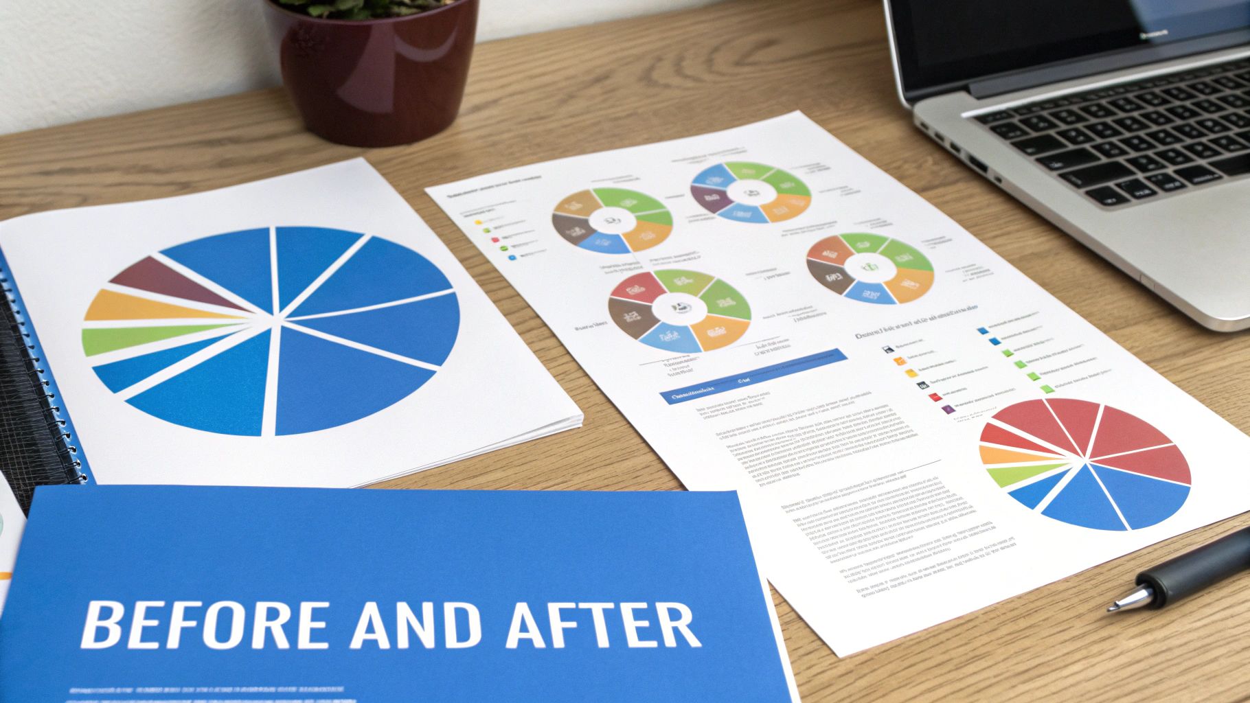 Overhead view of a desk with documents featuring pie charts, a laptop, and a pen.