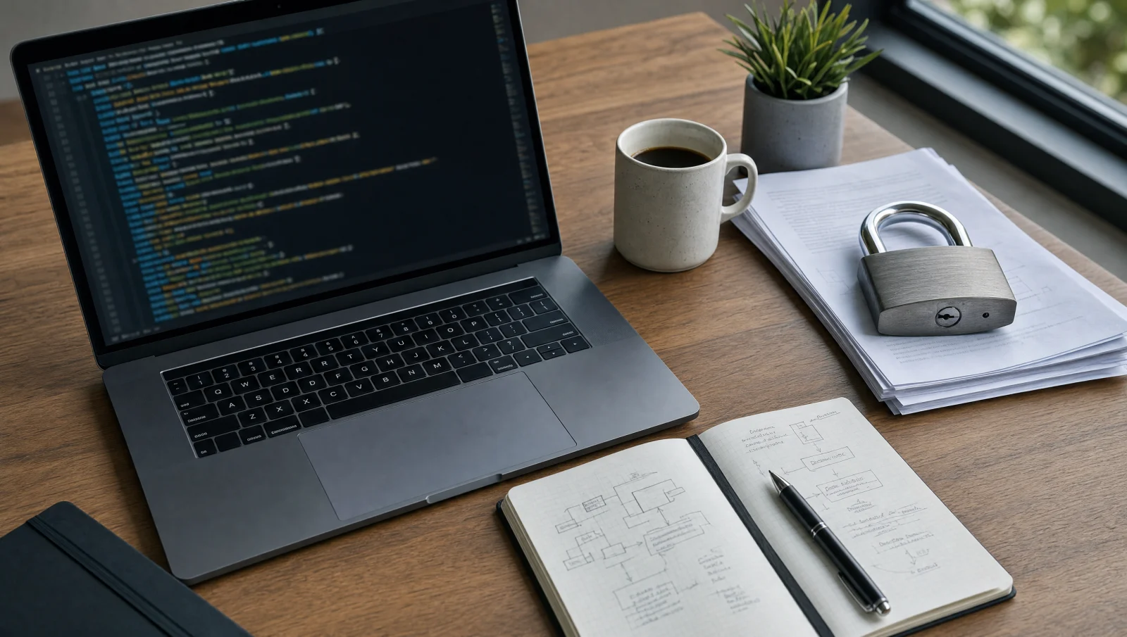 Developer desk with code on a laptop and a padlock resting on documents, symbolising DeFi/DEX security and code auditing