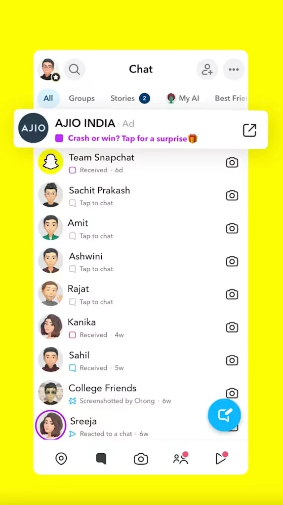 AJIO Sponsored Snap promoting its All Stars Sale inside Snapchat Chat.