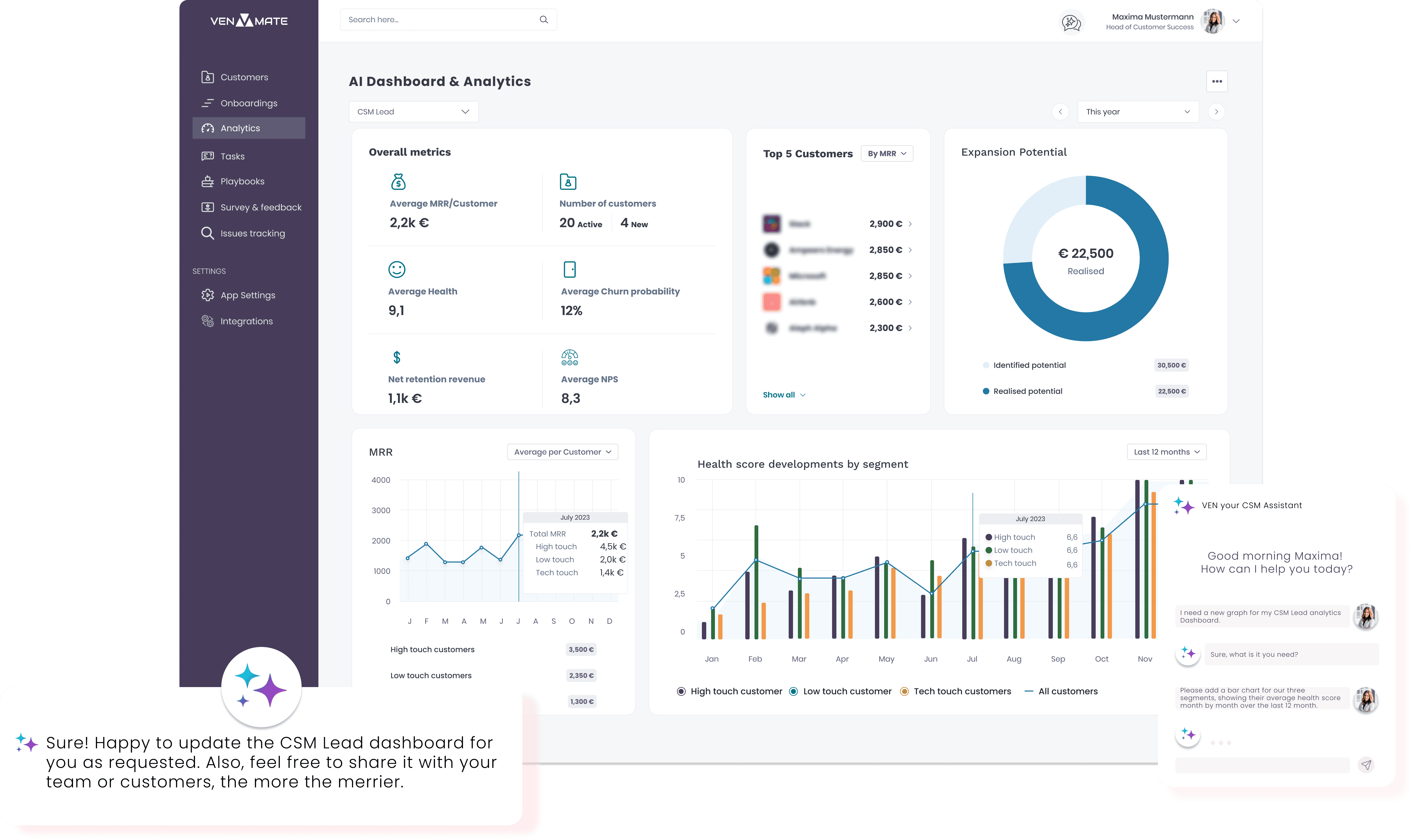 customer success management (CSM) AI intelligence with co-pilot chat by VENMATE 