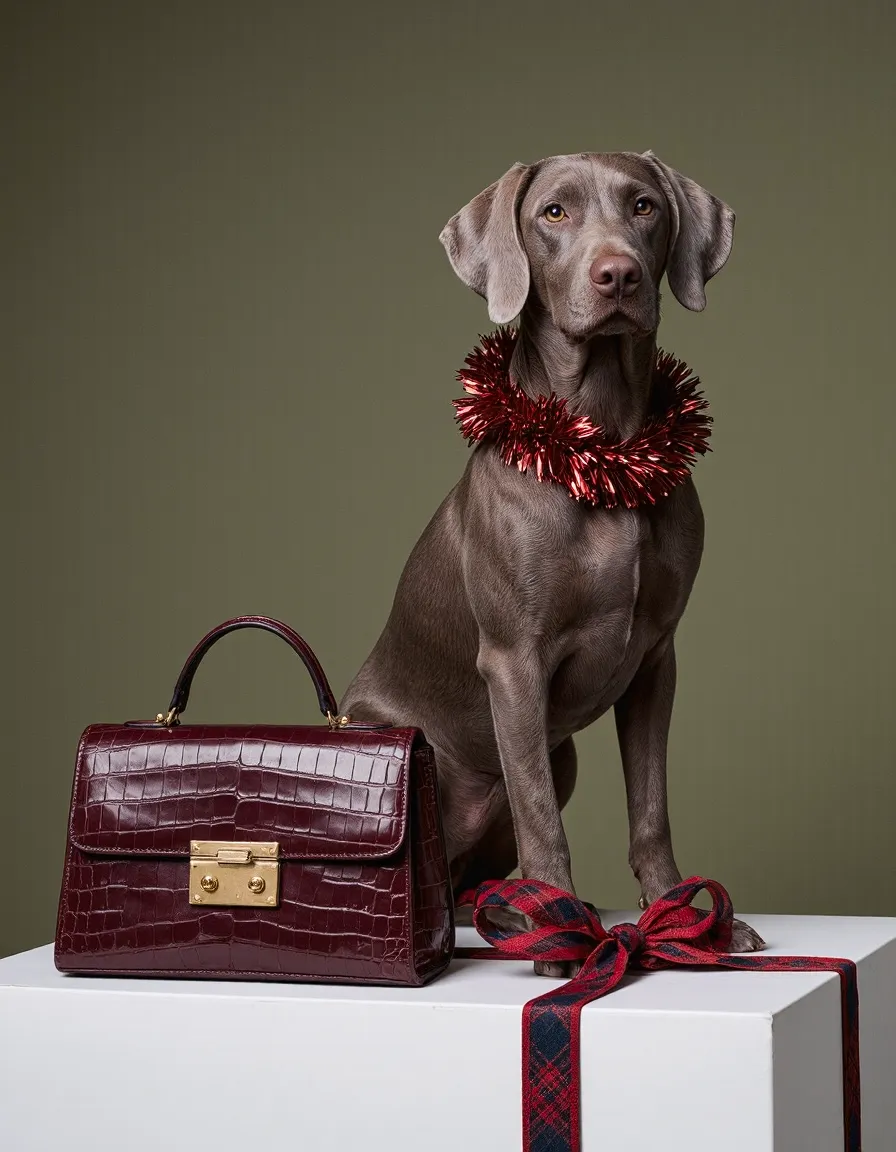 Gray dog wearing red tinsel collar posed with burgundy handbag and wrapped gift on white platform