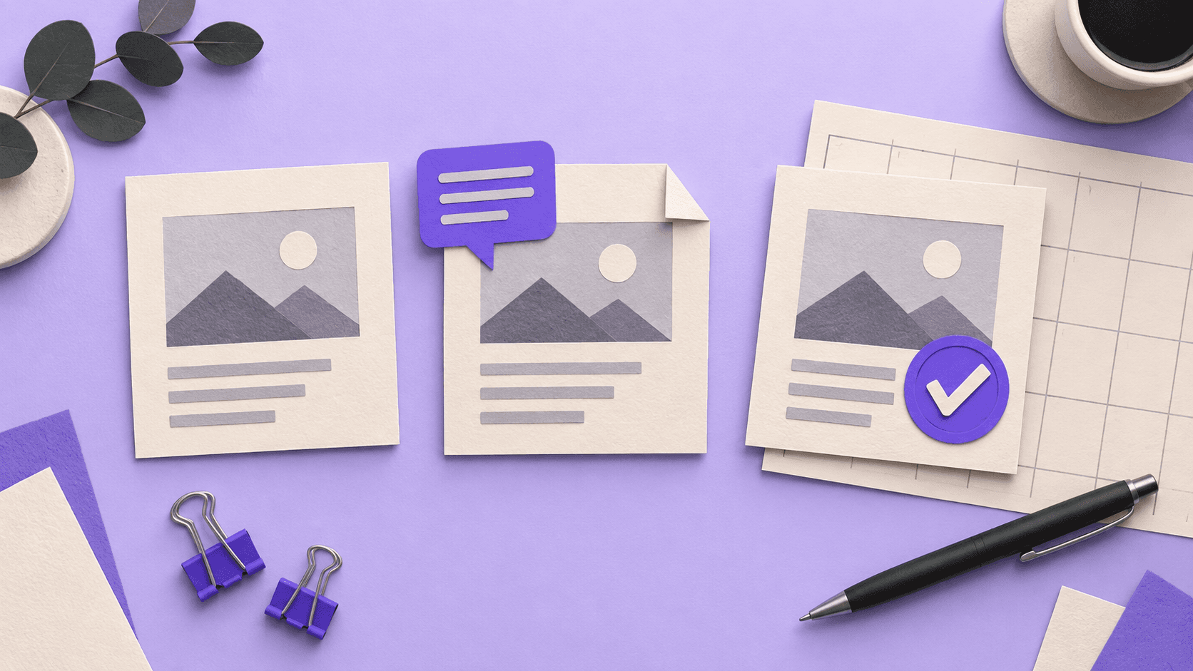 Illustrated workflow showing social posts moving through review and client approval.