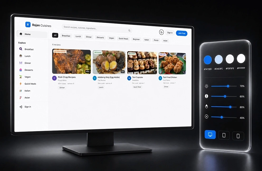 Clean recipe discovery website UI with categorized dishes, designed in Framer
