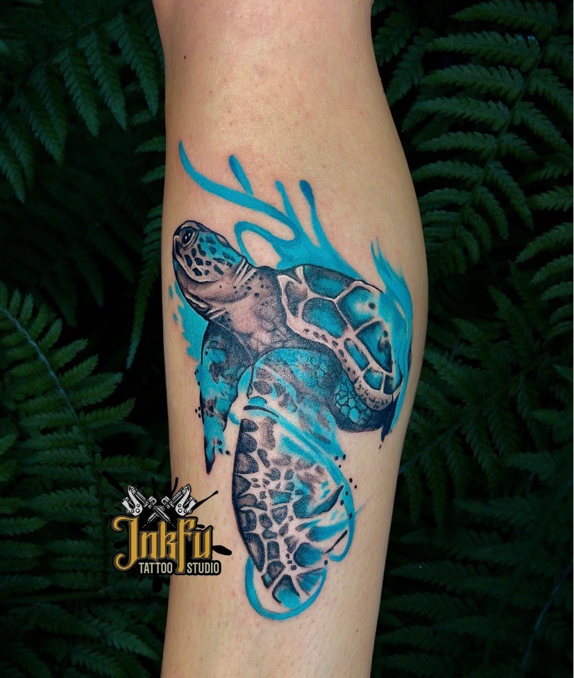 Color sea turtle tattoo with teal watercolor accents, by Meer Rich