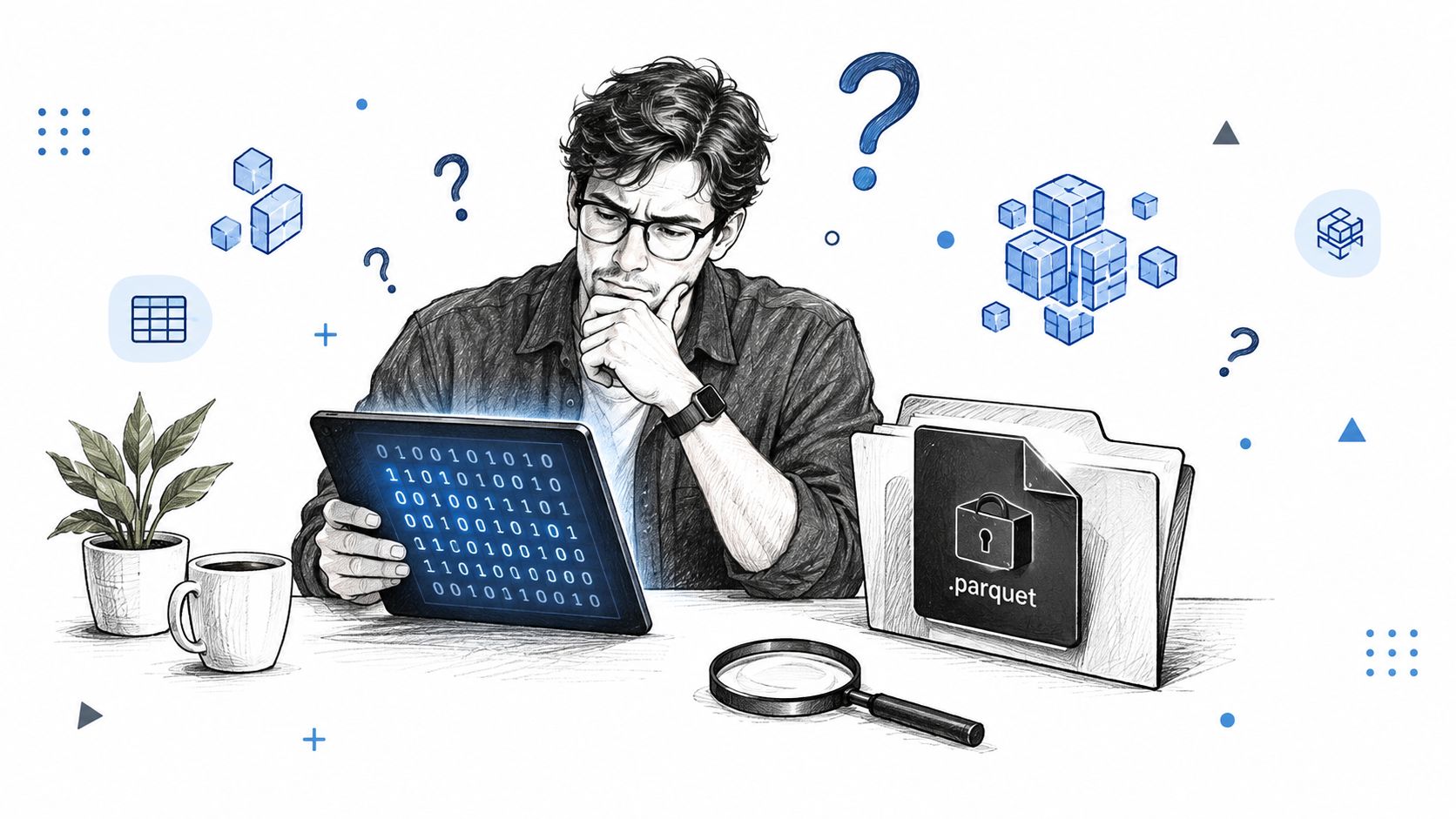 A man looking thoughtfully at a digital tablet displaying binary code next to a secure Parquet file.
