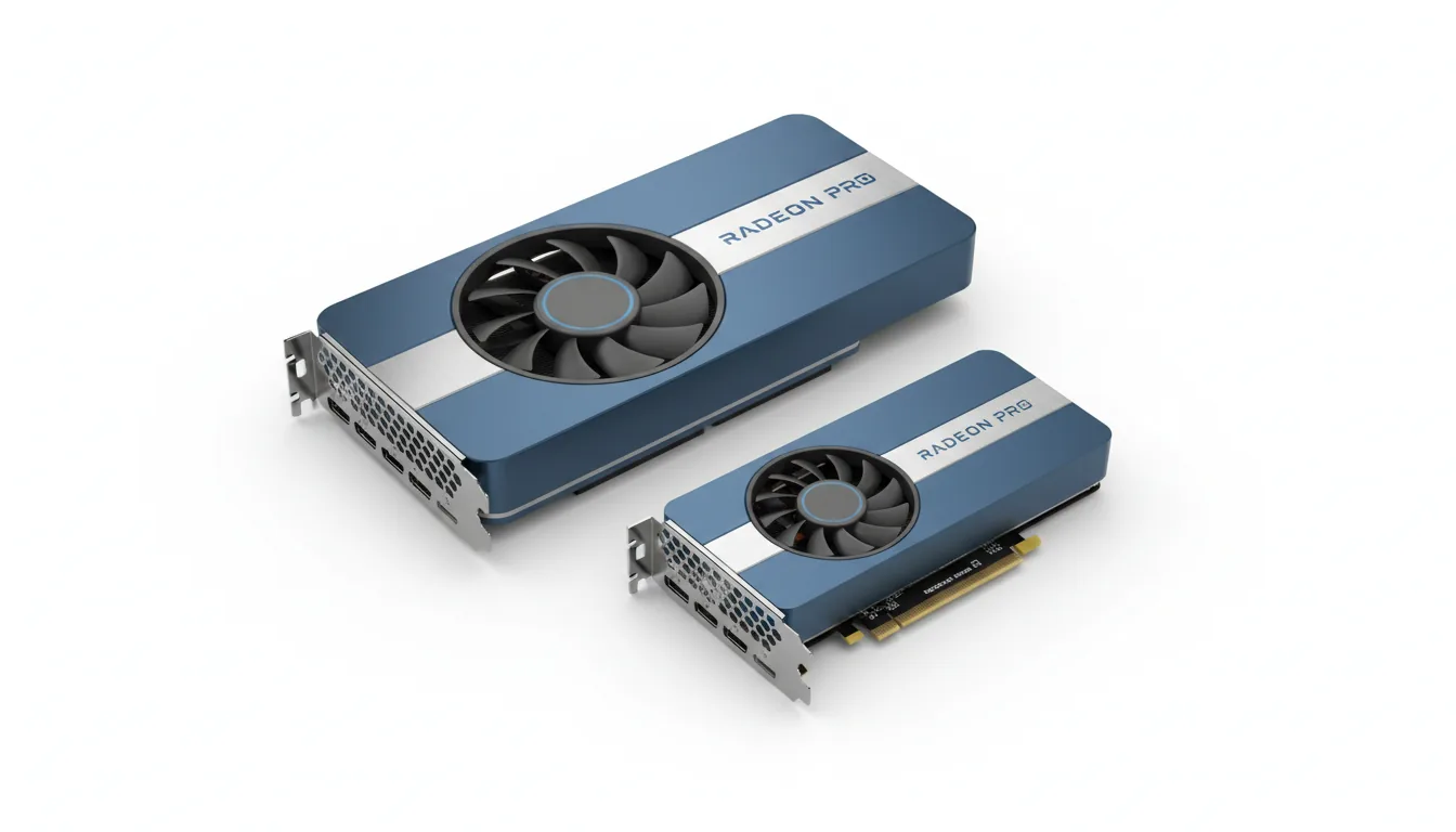 A high-fidelity 3D render, studio product shot of two AMD Radeon PRO graphics cards, one large and one small, positioned diagonally on a clean, seamless white background. The cards have a modern, sleek design with a vibrant matte blue metal shroud and a central brushed silver aluminum accent stripe. Details include a circular blower-style fan, a silver I/O plate with honeycomb perforations, and abstracted blue logotype text on the silver section. The scene is lit with soft global illumination, creating gentle, realistic shadows that ground the objects.