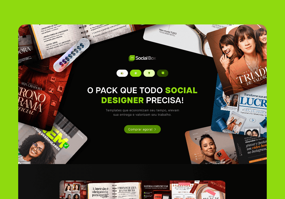 Landing page do Social Box, pack de templates para social designers - projeto do Studio Responsivo