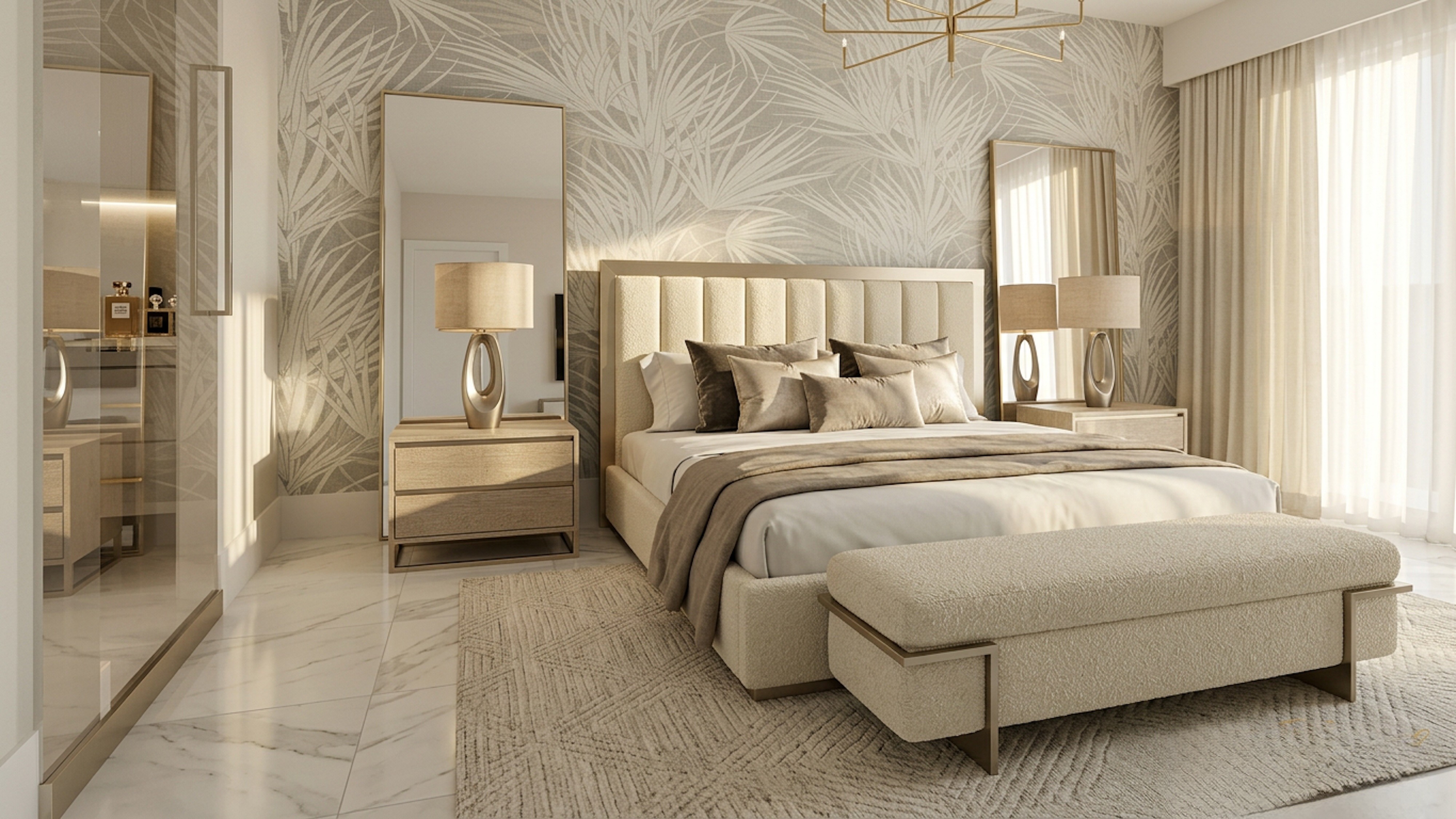 Modern coastal primary bedroom with media wall, soft neutral palette, and sunlit view into adjoining space