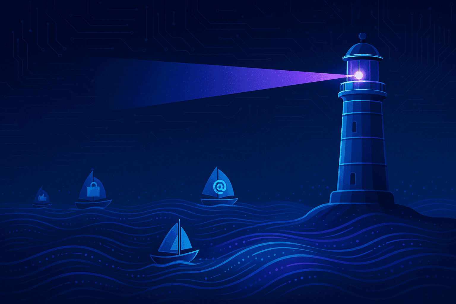 Modern lighthouse guiding digital marketing boats with icons - symbolizing WeLead’s strategic direction and brand clarity.