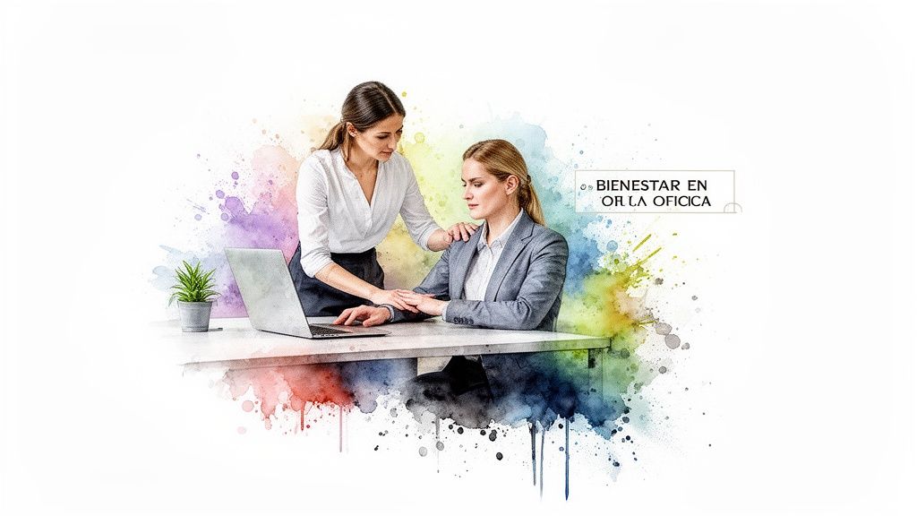 Dos mujeres en la oficina, una consuela a la otra sentada frente a un portátil, con toques de acuarela, simbolizando bienestar laboral.