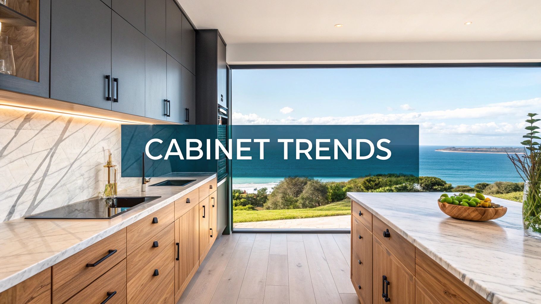 a large modern kitchen with a open area behind it leading out to the waterside beach and a blue text box reading 'cabinet trends'