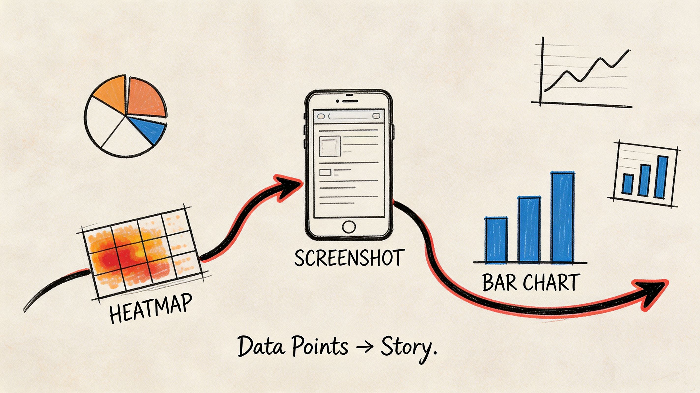 An infographic showing data from heatmaps and screenshots being transformed into bar charts and analytical reports.