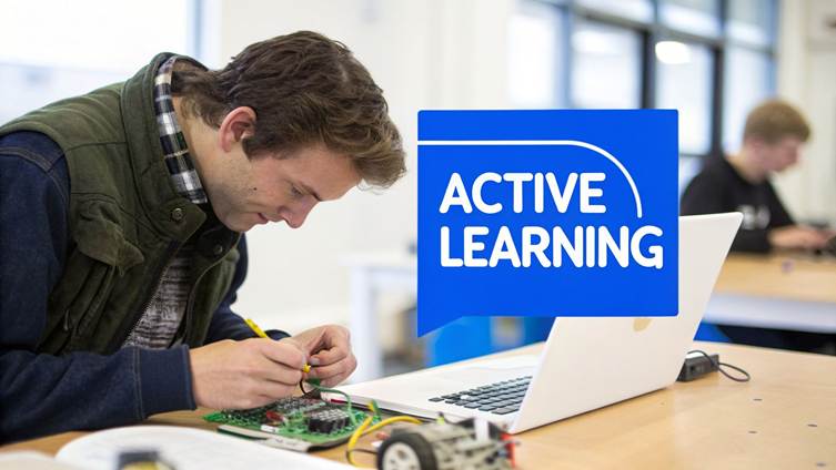 A student works on an electronic circuit board with a laptop, symbolizing active learning.
