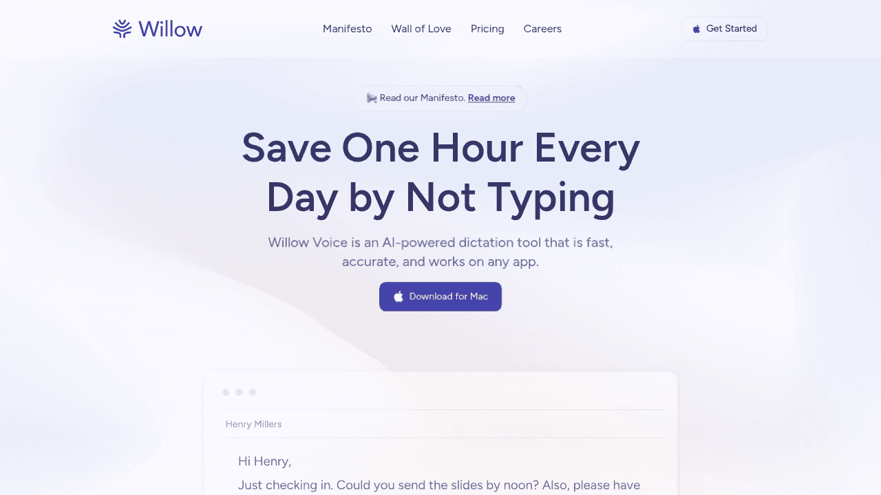 Willow Voice AI-powered dictation tool homepage showing universal app support and developer-focused speech-to-text features