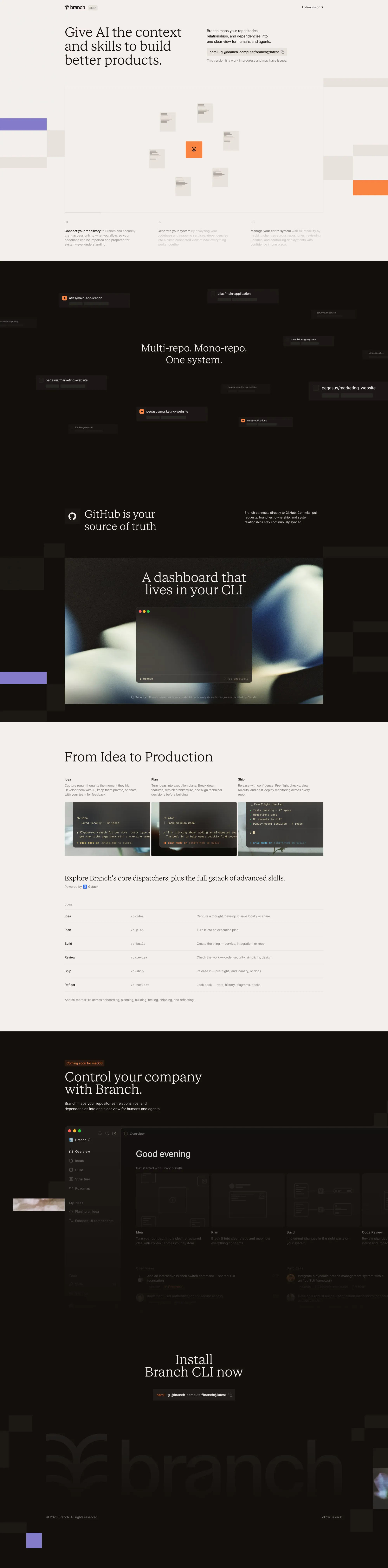 Branch landing page screenshot showcasing AI and Tech design