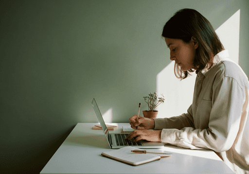 Woman working on a laptop, providing food safety consulting