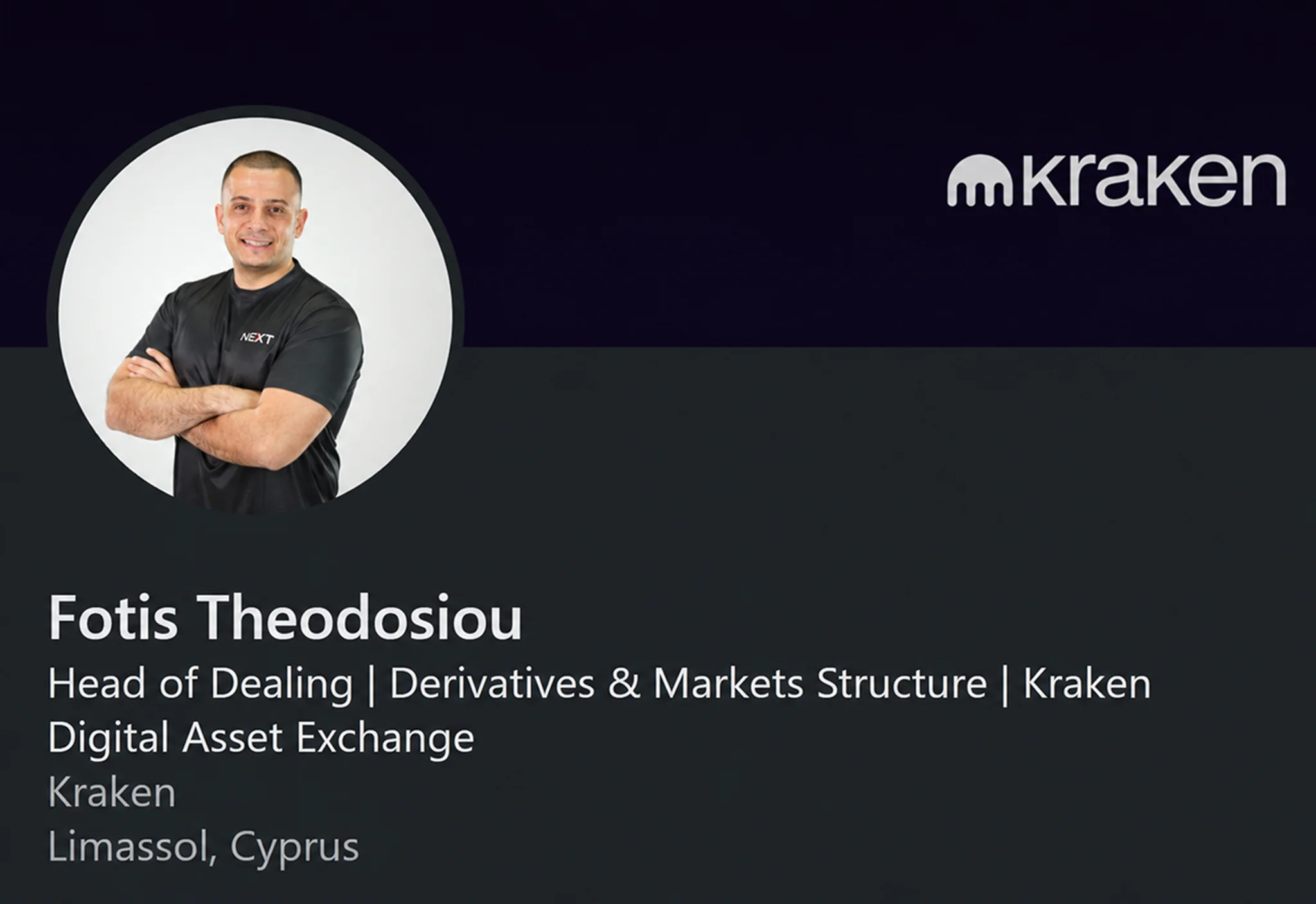 Crypto markets professional testimonial card featuring Fotis Theodosiou from Kraken
