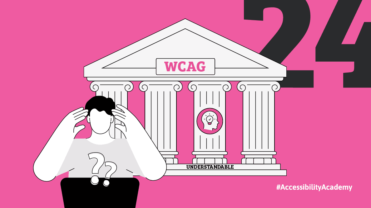 Illustration of a person looking confused in front of a classical building labeled “WCAG,” with “Understandable” highlighted as one of the principles.