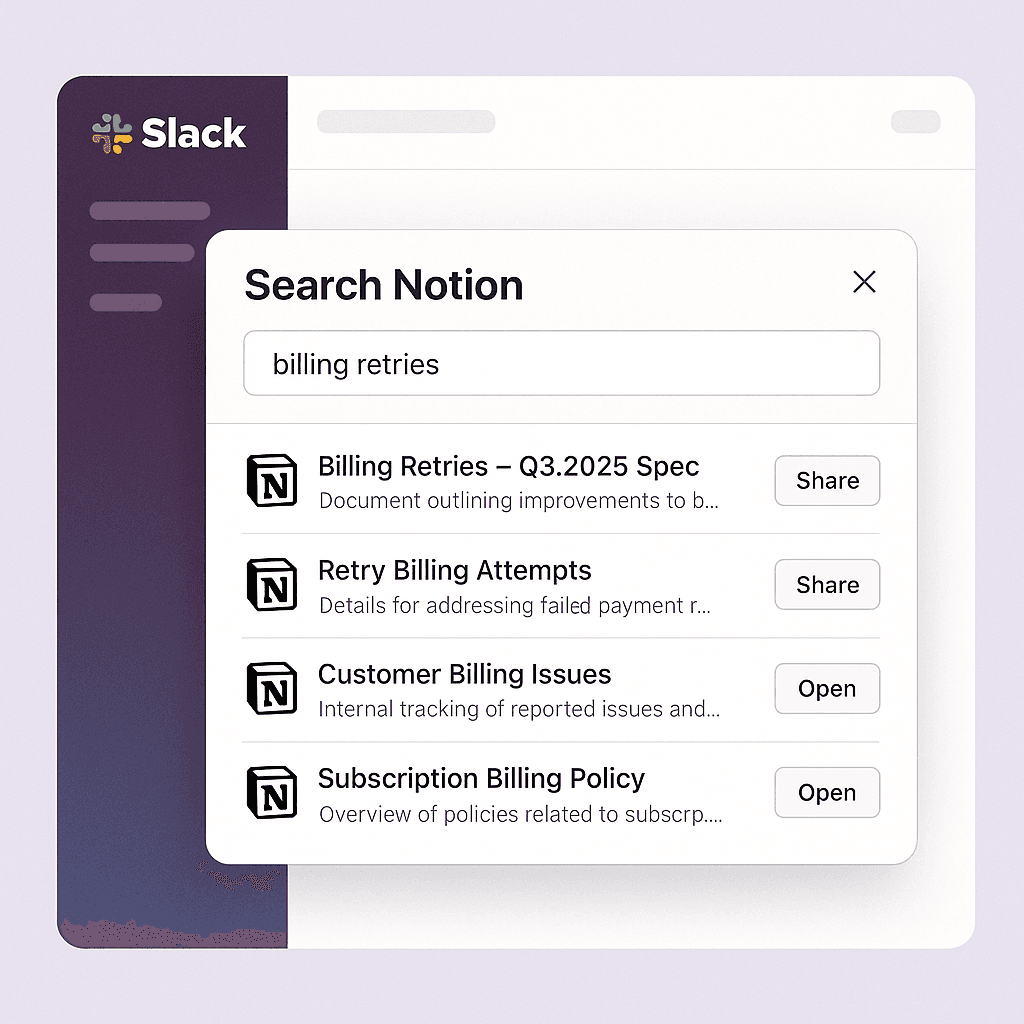 Tetherly.ai allows you to find your Notion docs directly from Slack