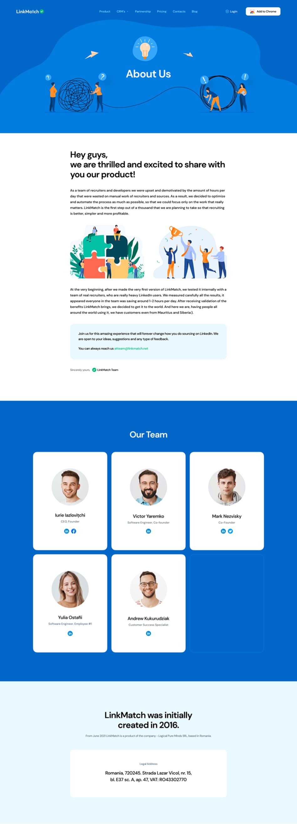 LinkMatch About Us page showcasing company mission, illustrated graphics, and team member profiles