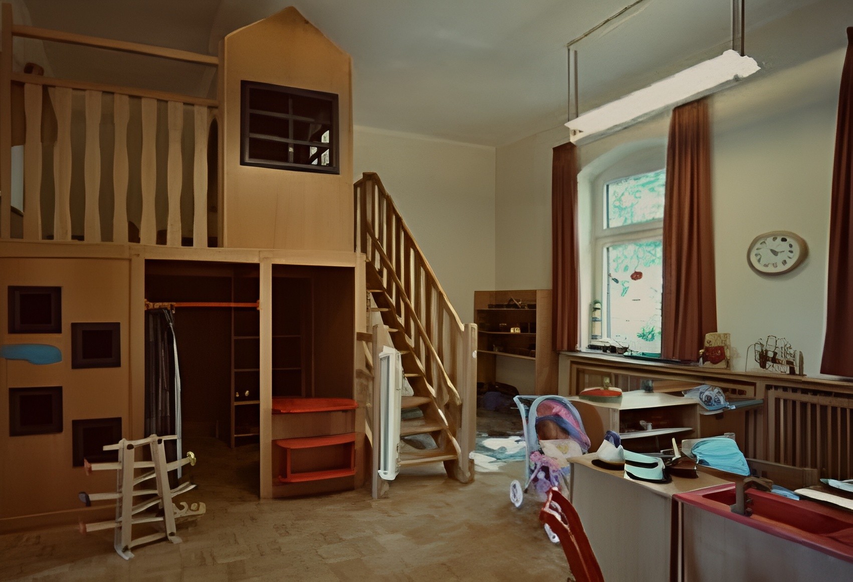 Ein gemütlicher Raum mit Holzmöbeln, einer Treppe und natürlichem Licht durch große Fenster.