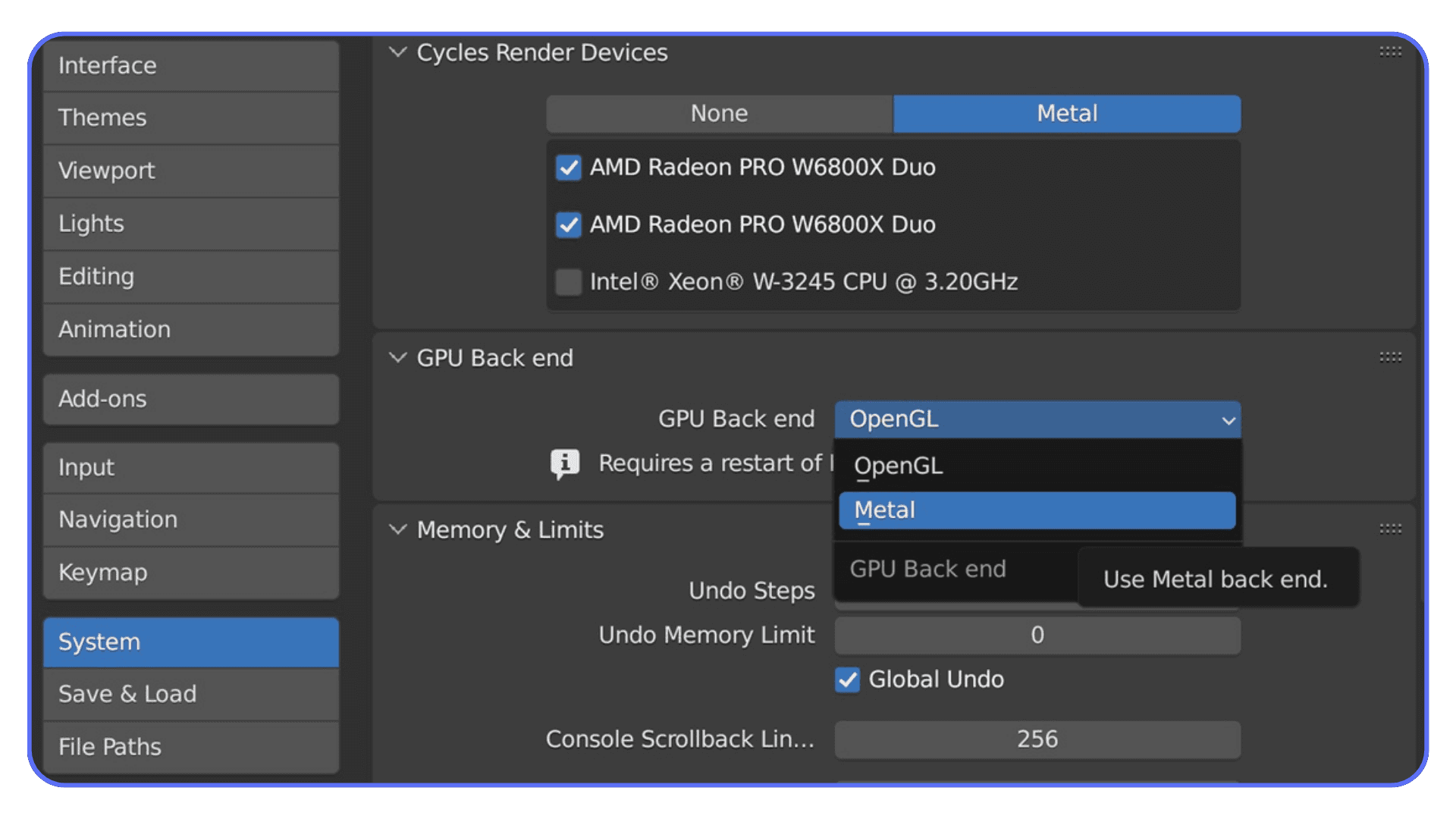 Blender system preferences showing GPU rendering enabled using Metal backend on macOS