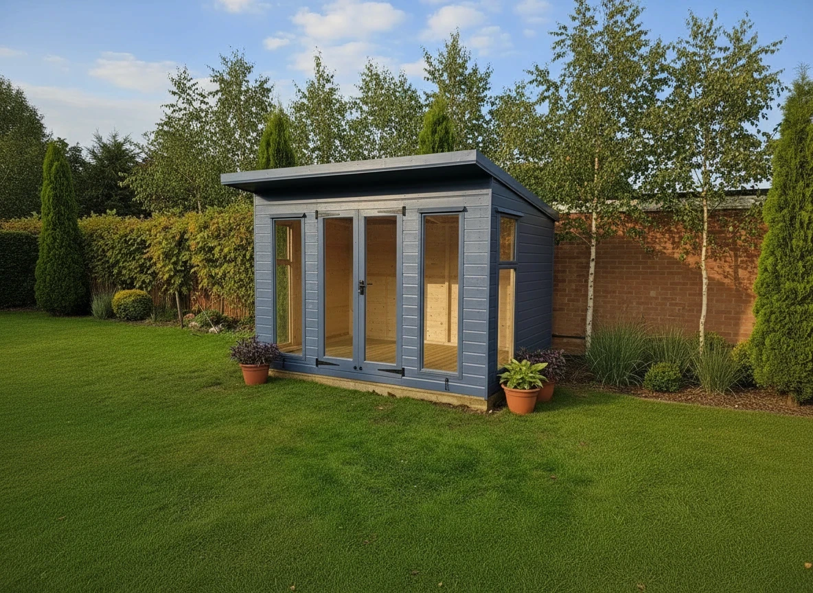 Slate-blue pent garden office with full glazing