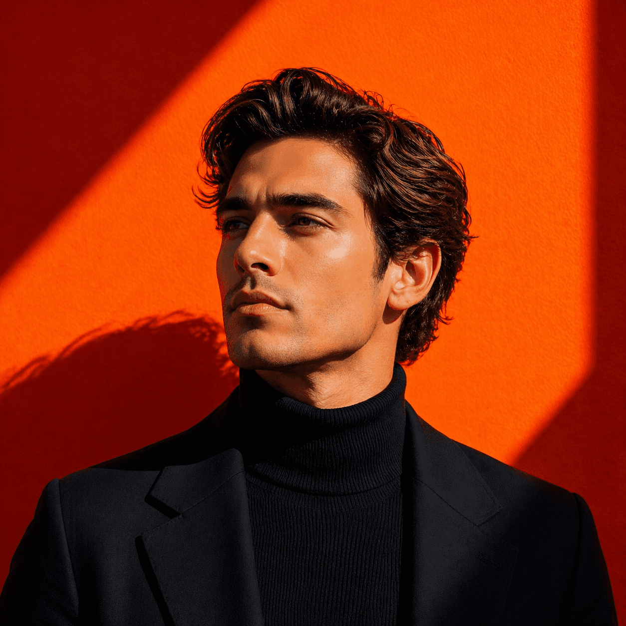 Confident man in black turtleneck and blazer with orange background