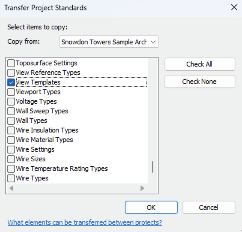 Revit’s own Transfer Project Standards is an all or nothing proposition for transferring view templates between projects.