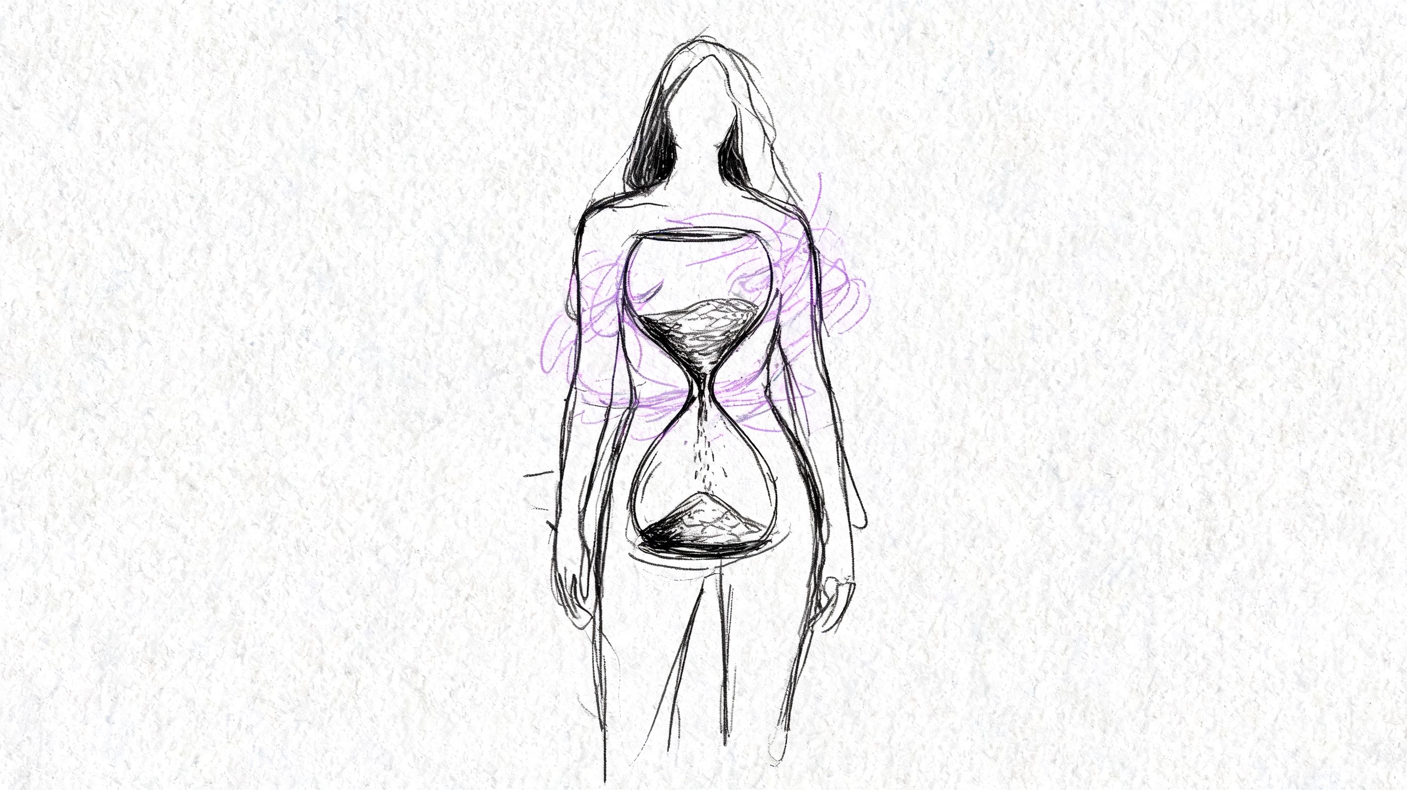 A conceptual sketch of a human silhouette with an hourglass torso representing time and human energy levels.