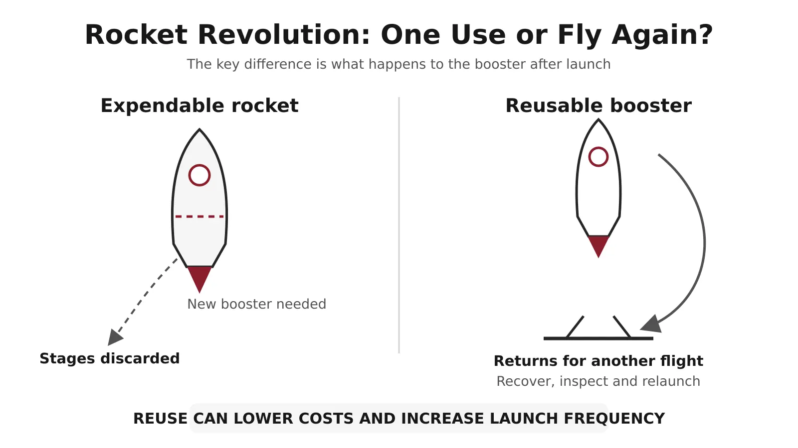 Expendable rocket compared with a reusable booster that returns for another flight