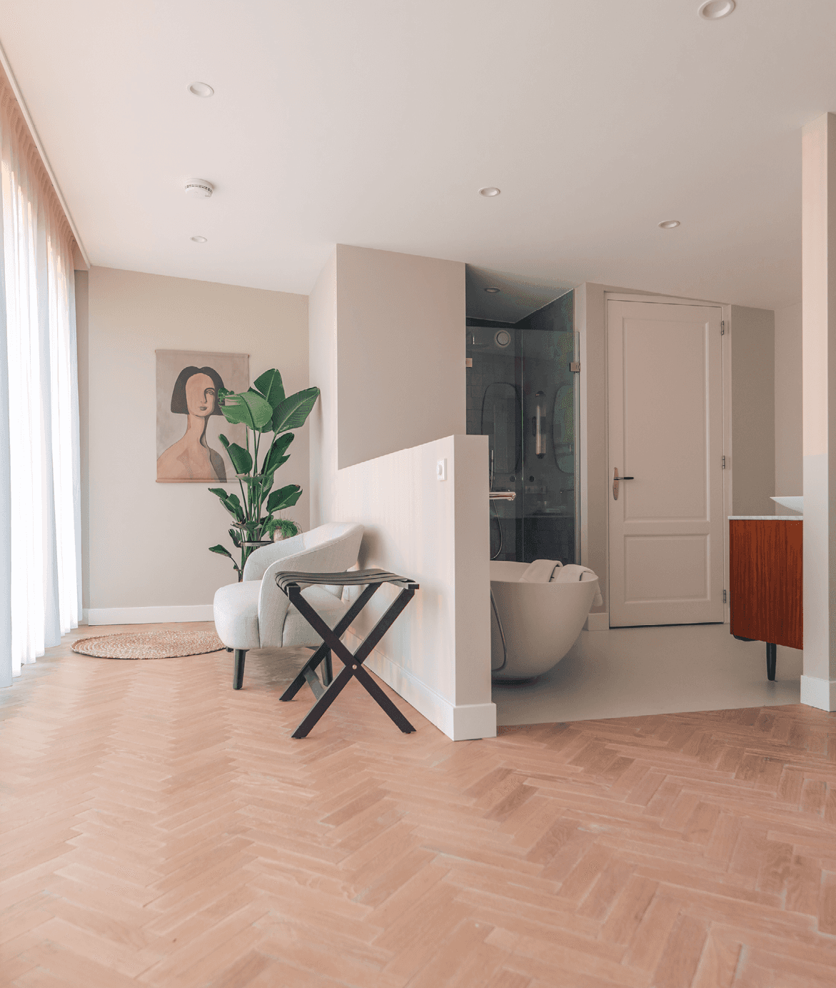 Sage green walls bedroom with lilac duvet and modern style