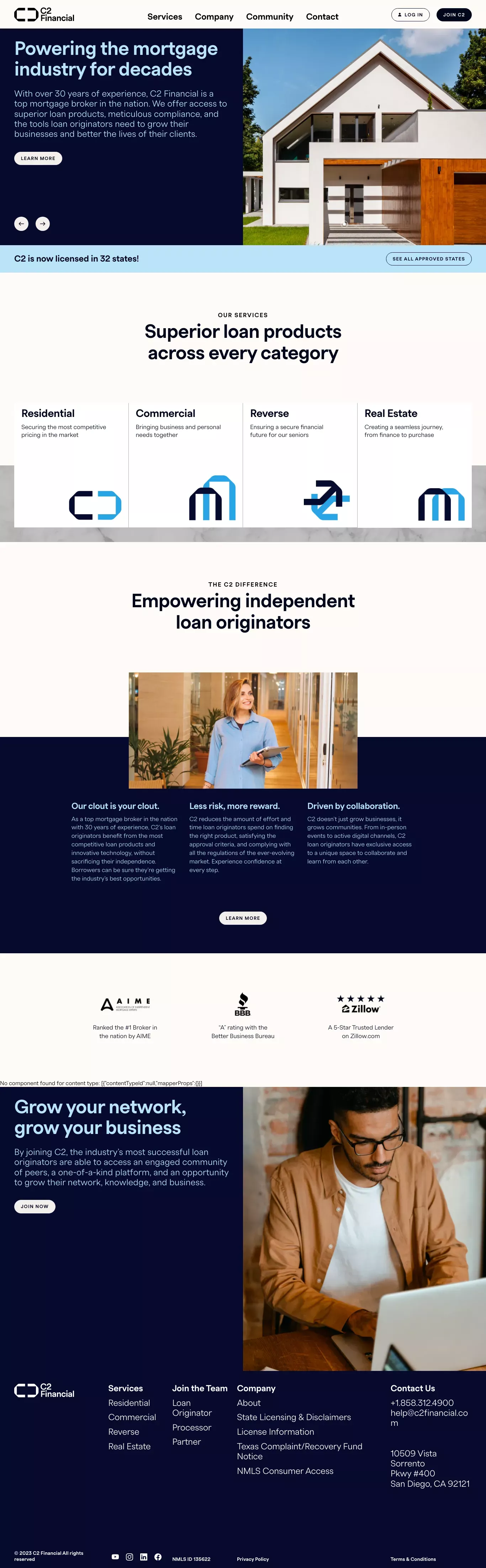 C2 Financial landing page screenshot showcasing Tech and Finance design