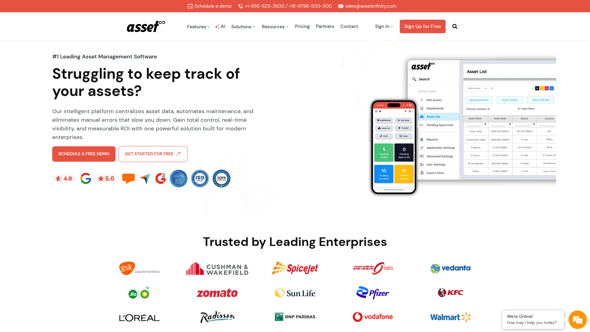 A screenshot of the Asset Infinity homepage, a flexible option among Asset Panda alternatives.