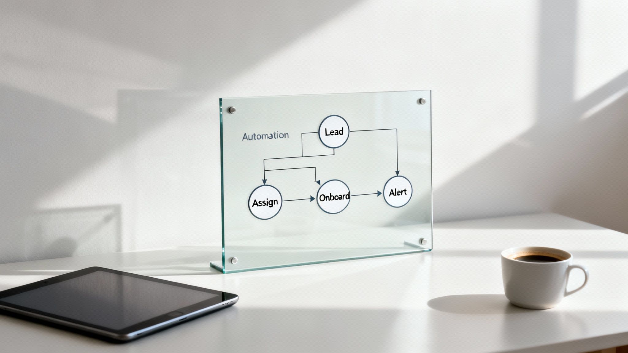 A glass plaque displaying an automation flowchart on a white desk with a tablet and coffee.
