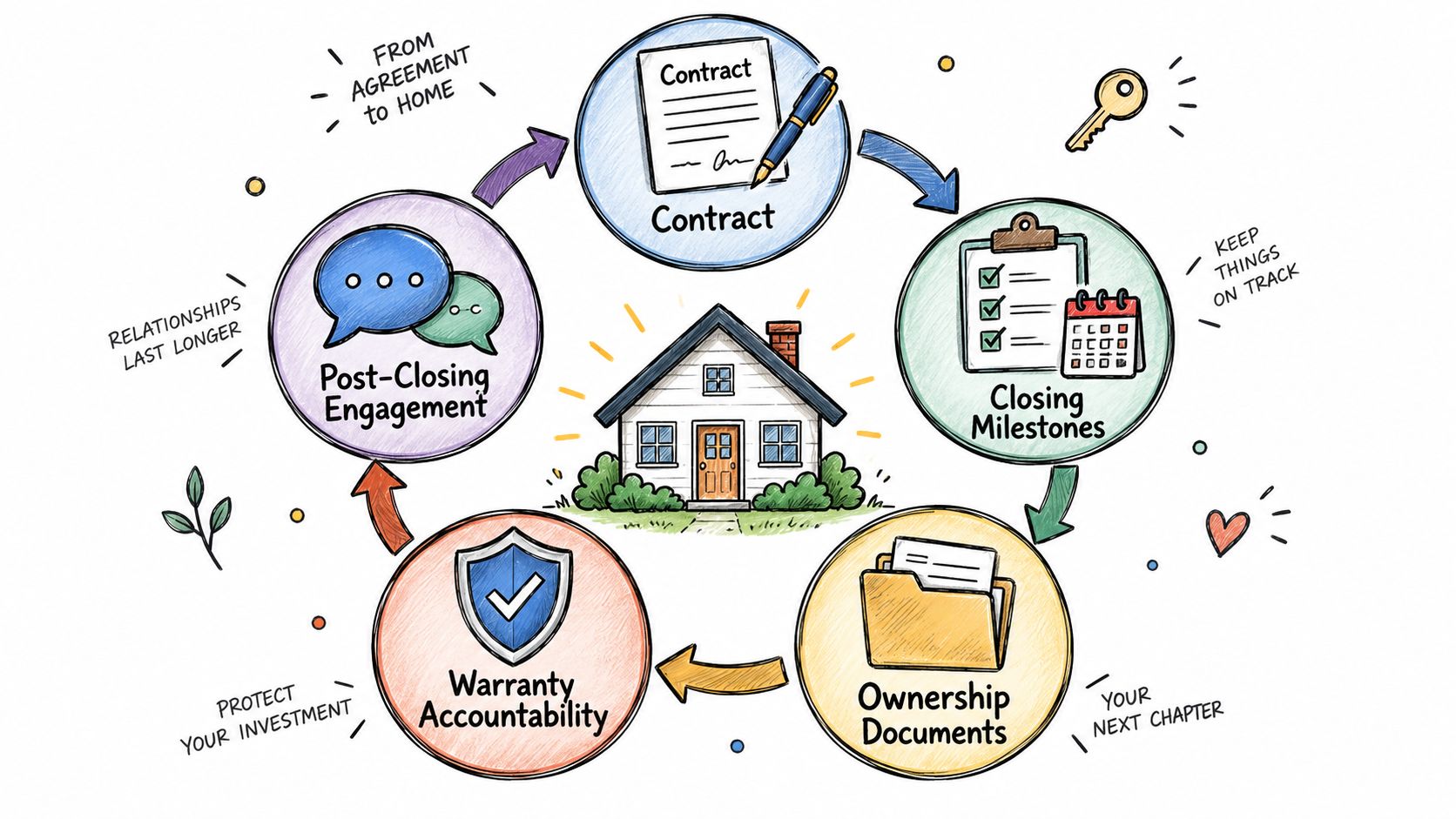 A circular diagram illustrating a home buying process from initial contract to post-closing engagement.
