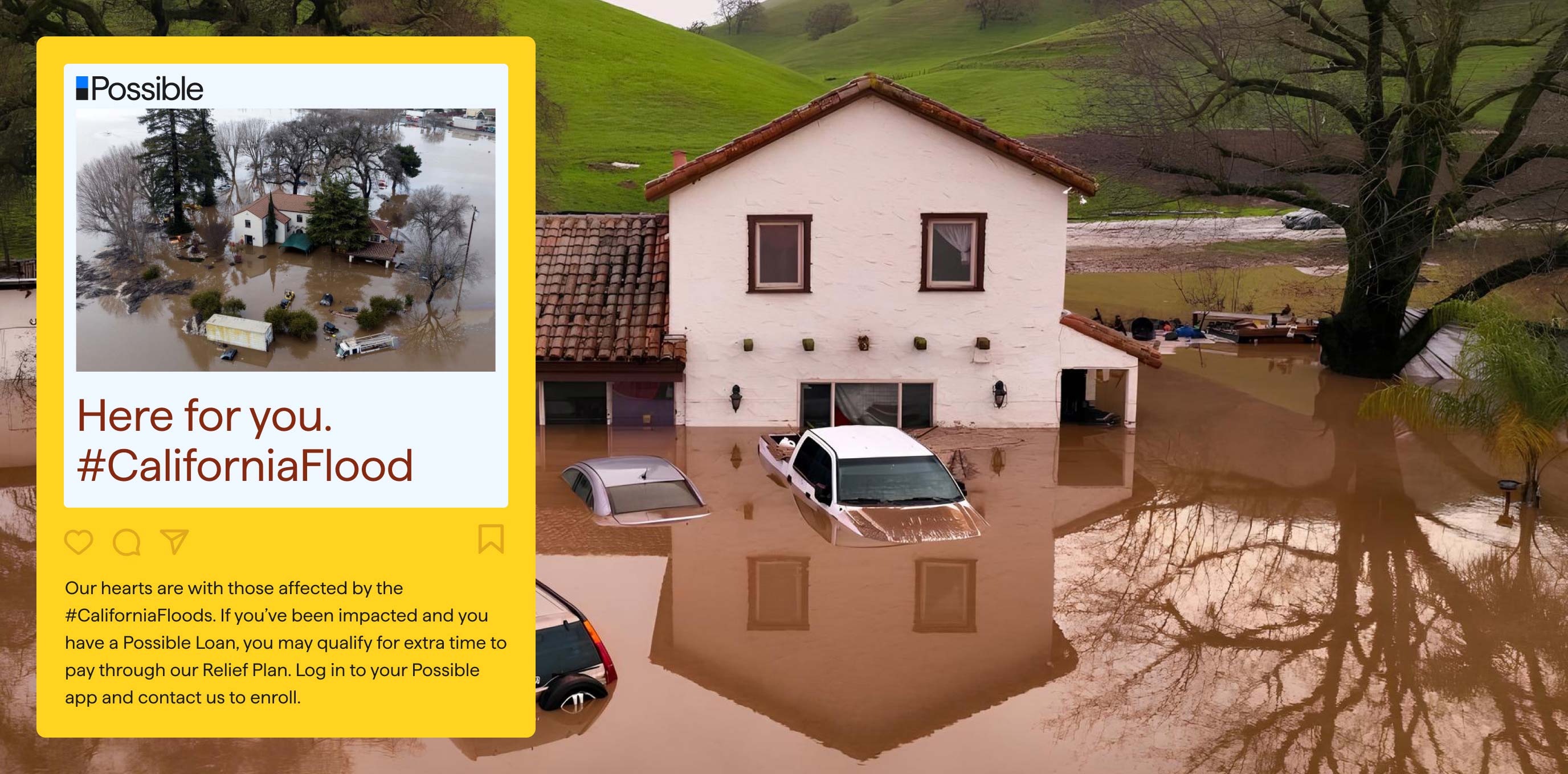 Aerial view of a residential area flooded with muddy water, featuring submerged cars and a home surrounded by water. Instagram post is superimposed, featuring a heartfelt message.