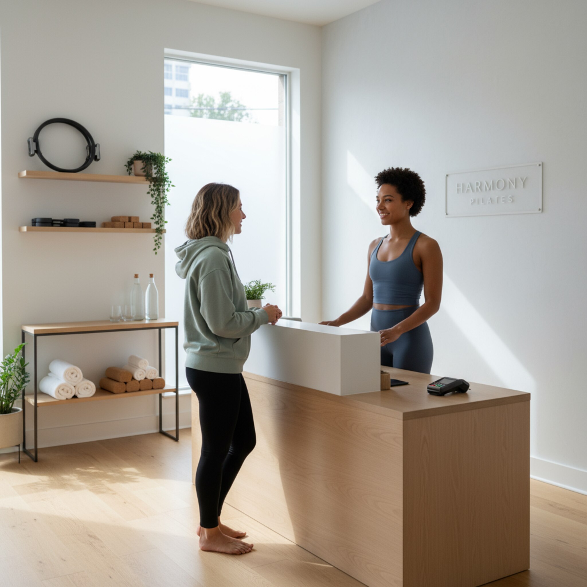 An der Rezeption eines Studios begrüßt ein Trainer eine Kundin mit einem warmen Lächeln. Sauber gerollte Handtücher und gläserne Wasserflaschen stehen bereit. Ein schlichtes Regal mit Pilates-Ringen und Blöcken sorgt für Ordnung. Das Setting wirkt einladend, professionell und angenehm entspannt.