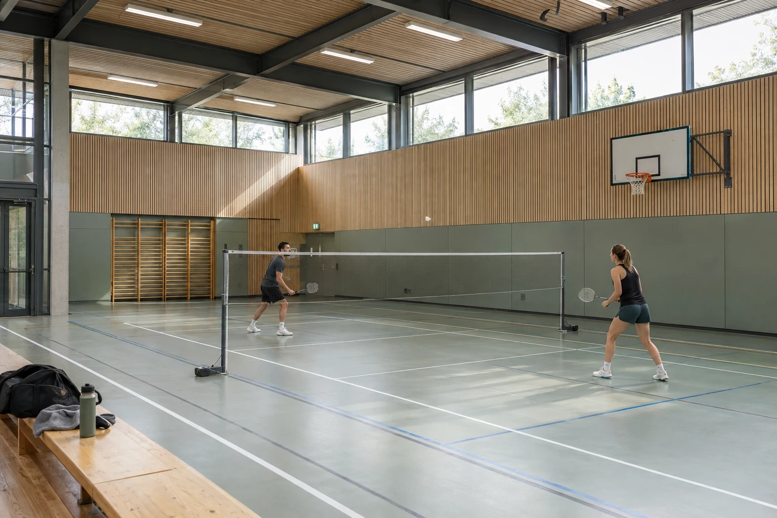 Badminton players in a modern sports center