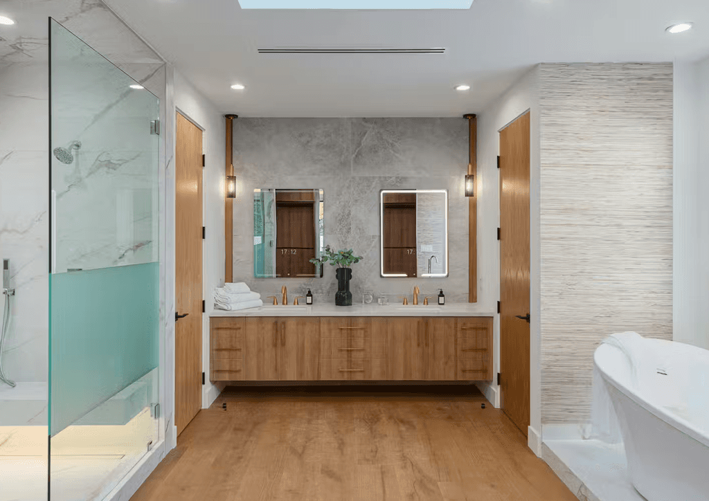 modern floating oak master bathroom vanity with gold brass hardware