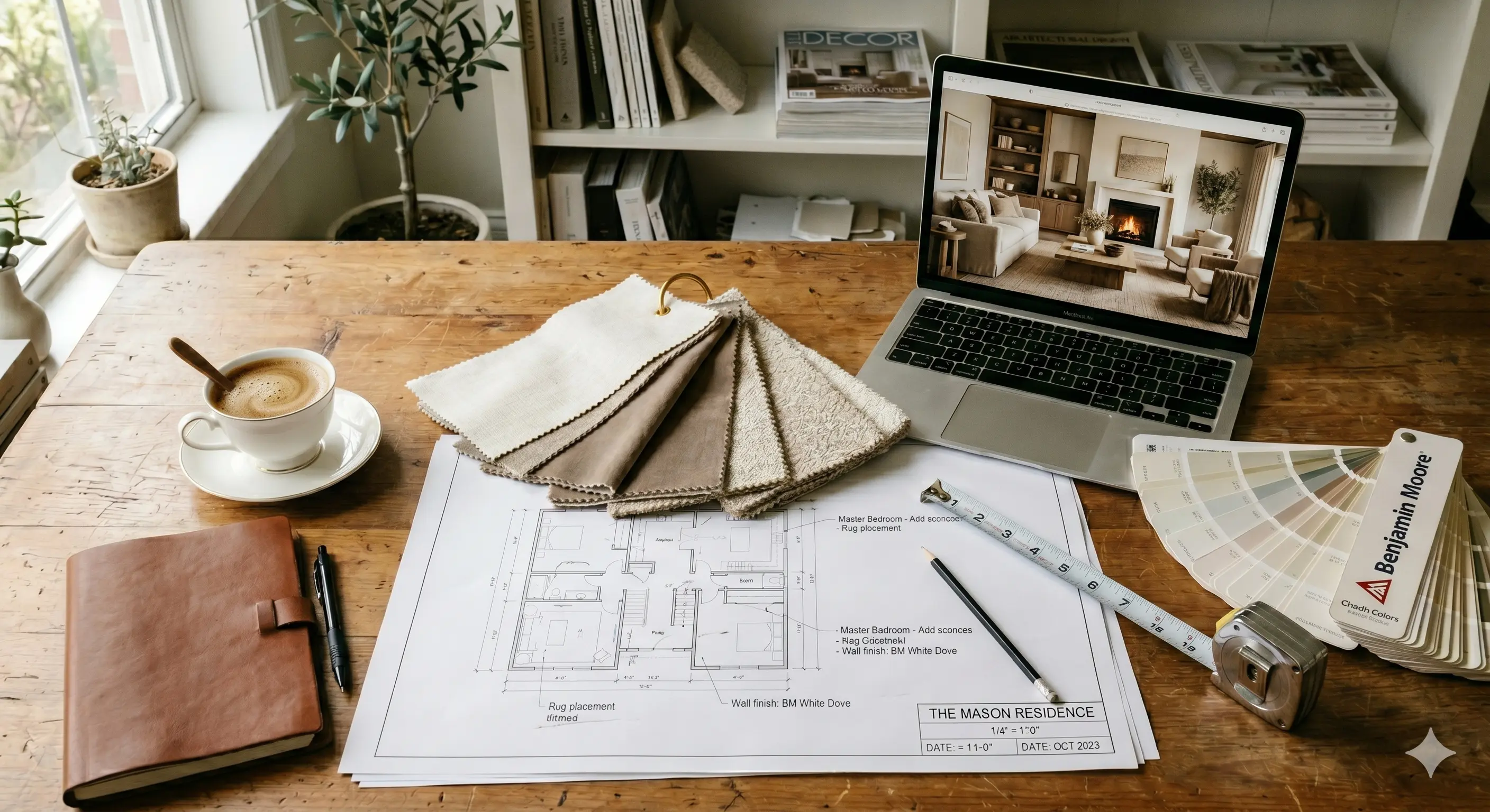 An interior designer's workspace featuring fabric swatches and architectural plans alongside a laptop displaying an AI-generated room render, illustrating the integration and limitations of artificial intelligence in professional design workflows.