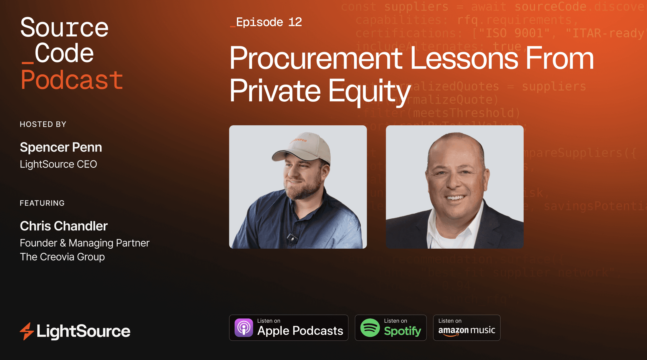 Source Code Podcast episode 10 graphic: "How AI Will Transform Procurement," hosted by Spencer Penn with guest Victoria Folbigg, listen on Apple Podcasts, Spotify, and Amazon Music