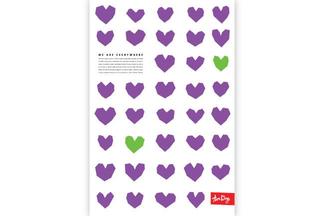 The image displays a grid of purple heart shapes on a white background. The hearts are arranged in rows and columns, creating a visually uniform pattern. Above the hearts, the text "WE ARE EVERYWHERE" is printed in a simple, sans-serif font. Below the hearts, a small green heart is visible. In the bottom right corner, a red rectangular logo contains the white text "True Love."