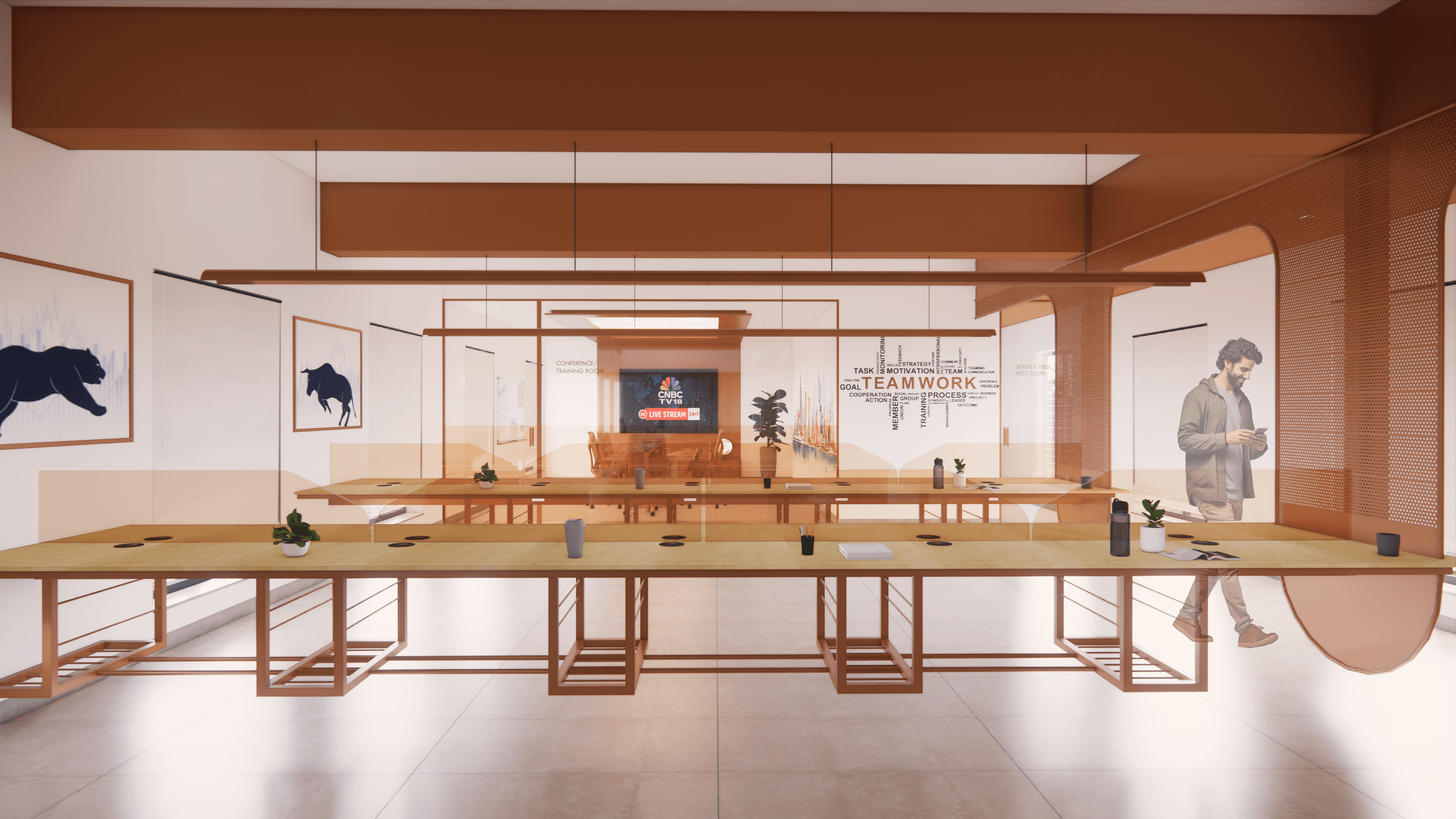 Futura + JHMC, P. Velur – open-plan office with linear workstations and visual connectivity across spaces, designed by Rooted Narratives, Bengaluru