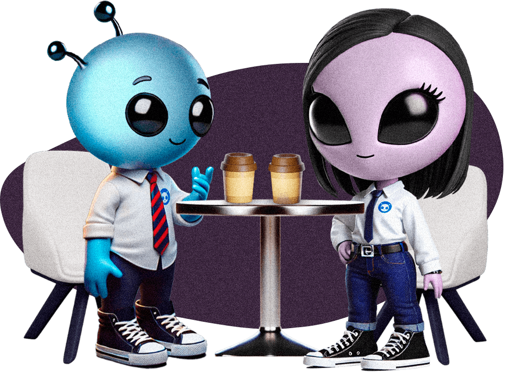 Mascote azul com gravata listrada sentado em cadeira moderna ao lado de mesa com duas xícaras de café, sobre fundo azul-claro arredondado.